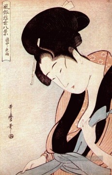 femme dans la chambre à coucher sur la nuit pluvieuse Kitagawa Utamaro ukiyo e Bijin GA Peinture à l'huile